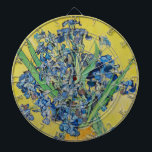 Irises  Vincent van Gogh       Dartboard<br><div class="desc">Irises (1890) Vincent van Gogh. Lovely positive still life. Large yellow vase with a bouquet of blue irises on a yellow background. Reproduction of famous works of art  images in the public domain.</div>
