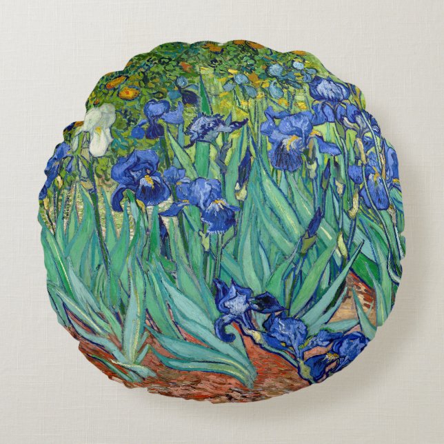 Irises Vincent van Gogh Flowers Painting Throw Round Pillow (Front)