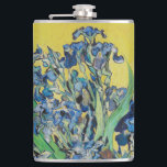 Irises  Vincent van Gogh      Hip Flask<br><div class="desc">Irises (1890) Vincent van Gogh. Lovely positive still life. Large yellow vase with a bouquet of blue irises on a yellow background. Reproduction of famous works of art  images in the public domain.</div>