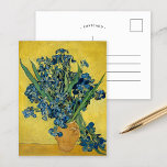 Irises | Vincent van Gogh Postcard<br><div class="desc">Irises (1890) by Vincent van Gogh is a captivating still life that features a vibrant bouquet of purple irises displayed in a vase against a bright yellow background. The dynamic composition highlights Van Gogh's mastery of complementary colours, creating a striking contrast between the vivid purple flowers and the warm yellow...</div>