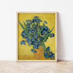Irises | Vincent van Gogh Poster<br><div class="desc">Irises (1890) by Vincent van Gogh is a captivating still life that features a vibrant bouquet of purple irises displayed in a vase against a bright yellow background. The dynamic composition highlights Van Gogh's mastery of complementary colours, creating a striking contrast between the vivid purple flowers and the warm yellow...</div>