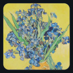 Irises  Vincent van Gogh    Square Sticker<br><div class="desc">Irises (1890) Vincent van Gogh. Lovely positive still life. Large yellow vase with a bouquet of blue irises on a yellow background. Reproduction of famous works of art  images in the public domain.</div>