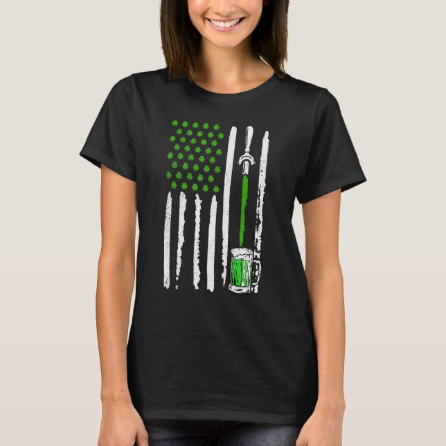 Irish American Flag Draft Beer Shamrock St Patrick T-Shirt (Front)