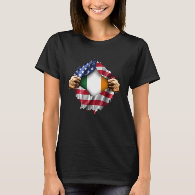 Irish American Flag Ireland ripping open St Patric T-Shirt (Front)
