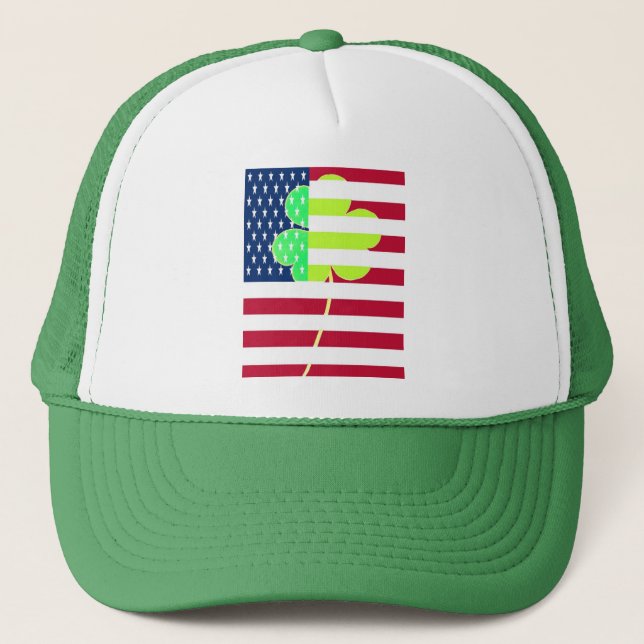 Irish American Flag Shamrock Clover St. Patrick Trucker Hat (Front)