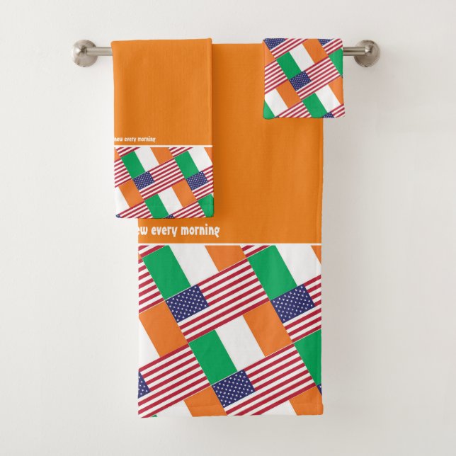 IRISH AMERICAN FLAGS Personalized Scripture ORANGE Bath Towel Set (Insitu)