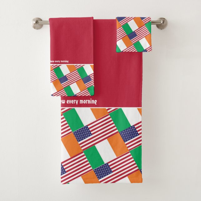 IRISH AMERICAN FLAGS Personalized Scripture RED Bath Towel Set (Insitu)