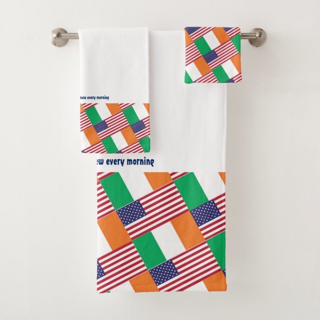 IRISH AMERICAN FLAGS Personalized Scripture WHITE Bath Towel Set (Insitu)