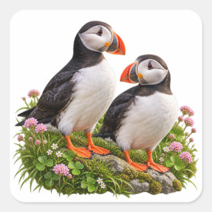 Irish Atlantic Puffin Pair with Shamrocks Square Sticker