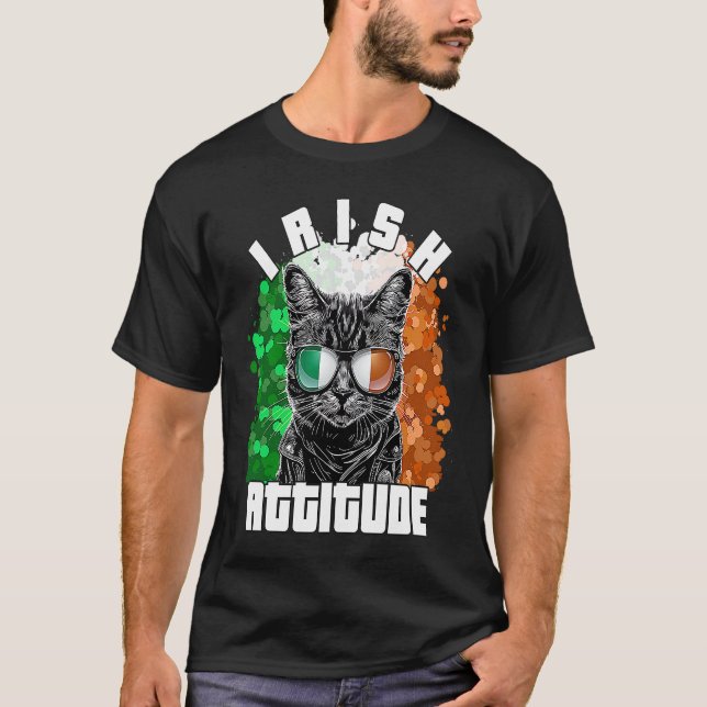 Irish Attitude  Cat Sunglasses Ireland Flag T-Shirt (Front)