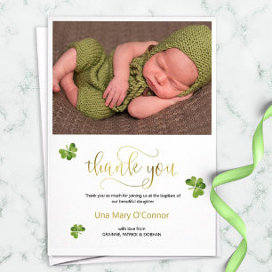 Irish baby Shamrock Thank You baptism, green gold Card