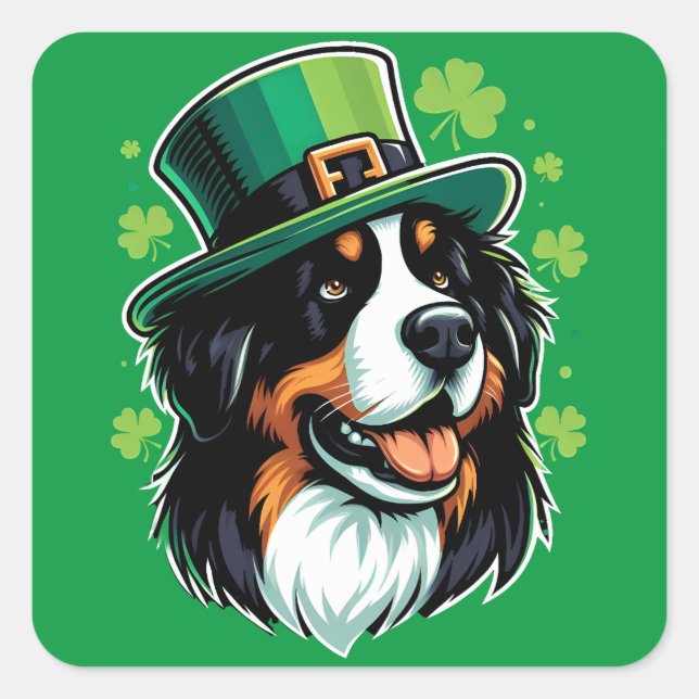 Irish Bernese Dog Leprechaun Hat St Patricks Day Square Sticker (Front)