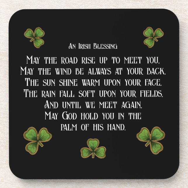 Irish Blessing and Shamrocks Black and Green Coaster (Front)