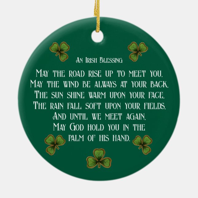 Irish Blessing and Shamrocks Green Typography Ceramic Ornament (Back)