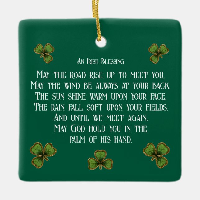 Irish Blessing and Shamrocks Green Typography Ceramic Ornament (Front)
