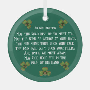 Irish Blessing and Shamrocks Green Typography Glass Ornament