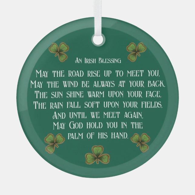 Irish Blessing and Shamrocks Green Typography Glass Ornament (Front)