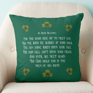 Irish Blessing and Shamrocks Green Typography Throw Pillow