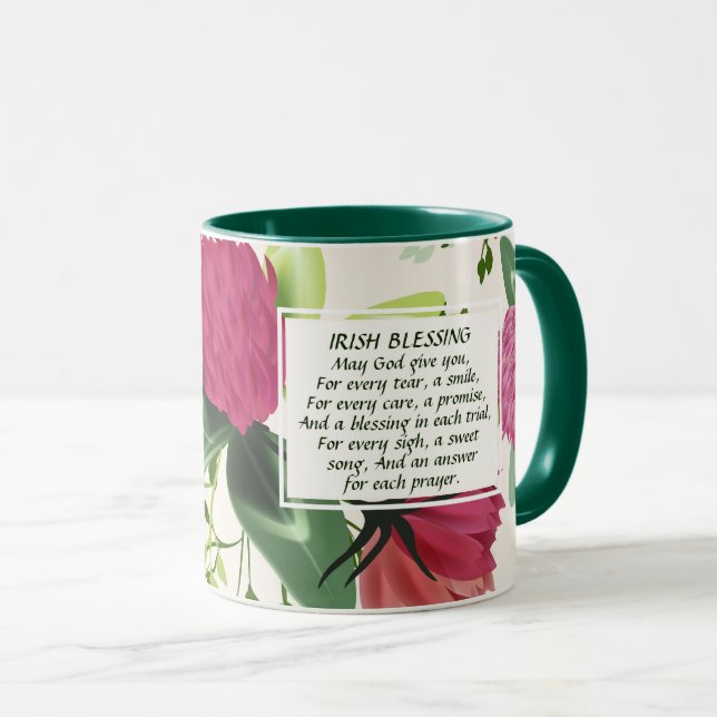 Irish Blessing Red Pink Green Clover Floral Mug (Front Right)
