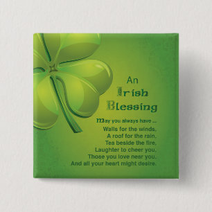 Irish Blessings Green Shamrock, Celtic 2 Inch Square Button