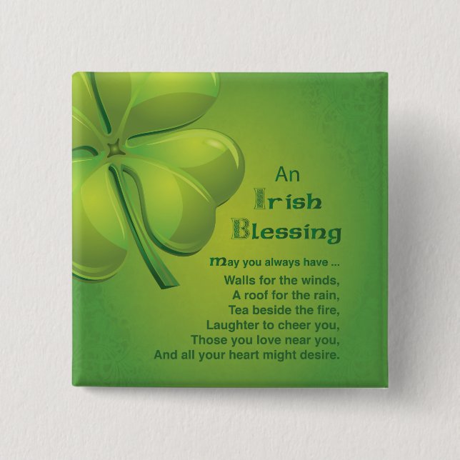 Irish Blessings Green Shamrock, Celtic 2 Inch Square Button (Front)