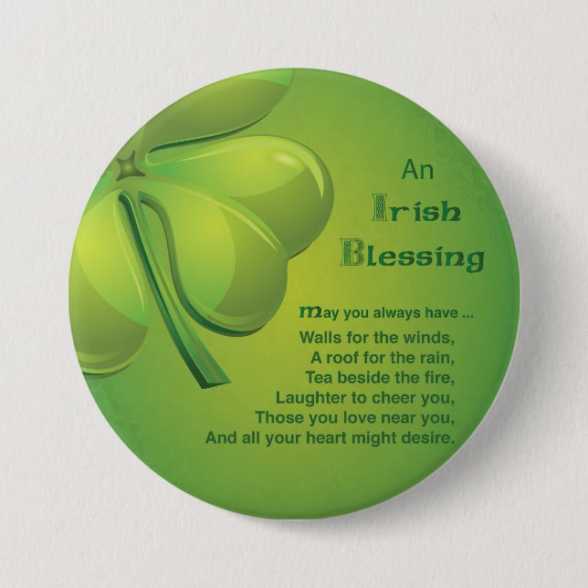 Irish Blessings Green Shamrock, Celtic 3 Inch Round Button (Front)