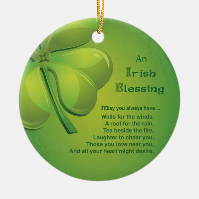 Irish Blessings Green Shamrock, Celtic Ceramic Ornament (Front)
