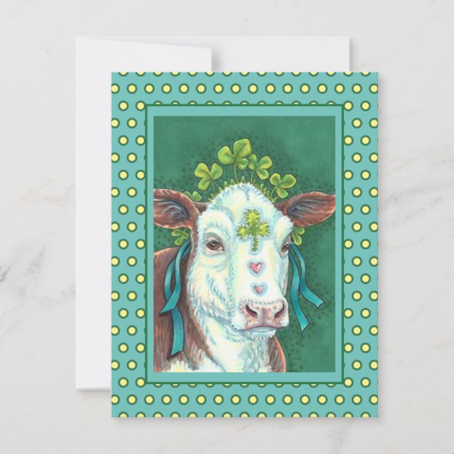 IRISH BRED ST. PATRICK'S DAY HEIFER, SHAMROCK COW HOLIDAY CARD (Front)