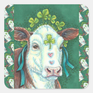 IRISH BRED ST. PATRICK'S DAY HEIFER, SHAMROCK COW SQUARE STICKER