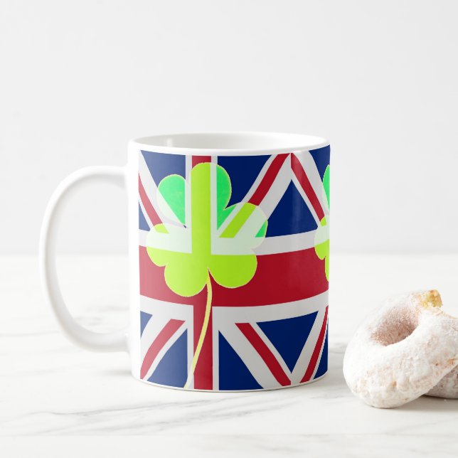 Irish British Flag Shamrock Clover St. Patrick UK Coffee Mug (With Donut)