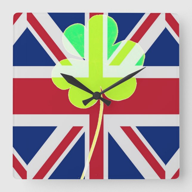 Irish British Flag Shamrock Clover St. Patrick UK Square Wall Clock (Front)