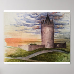 Irish castle and landscape watercolor painting poster