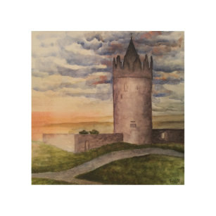 Irish castle and landscape watercolor painting wood wall art