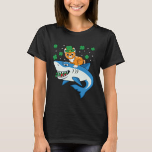 Irish Cat Riding Shark St Patricks Day Shamrock Ki T-Shirt
