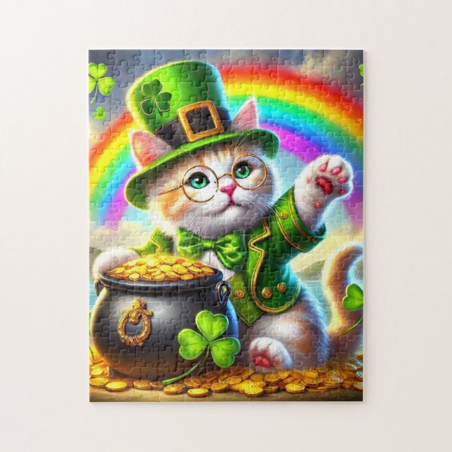 Irish Cat with Pot of Gold and Rainbow Puzzle (Vertical)