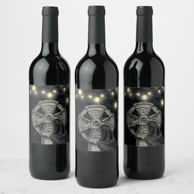 Irish Celtic Cross and Crow The Morrigan Wine Label (Bottles)