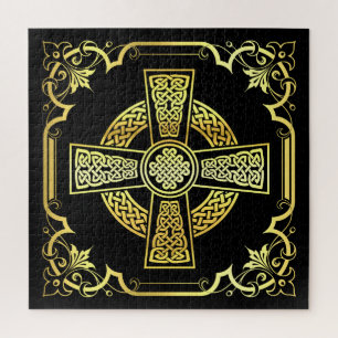 Irish Celtic cross/black/gold/black fancy design Jigsaw Puzzle