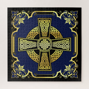 Irish Celtic cross/black/gold/blue fancy design Jigsaw Puzzle