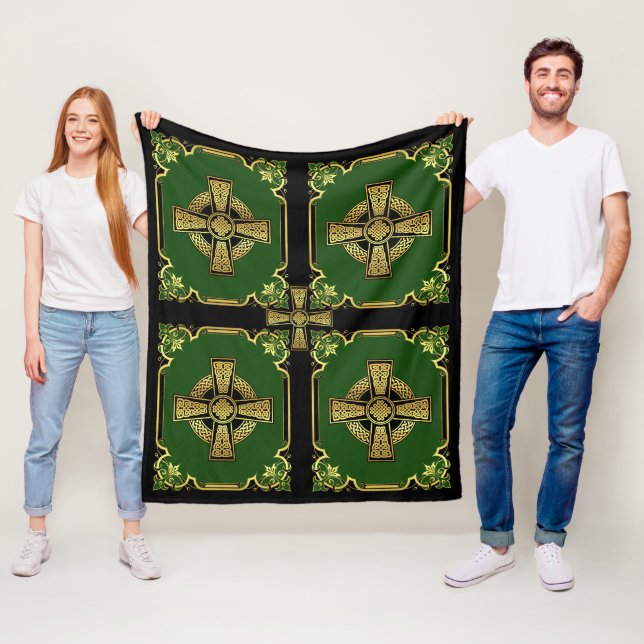 Irish Celtic cross/black/gold/green cross Celtic Fleece Blanket (In Situ)