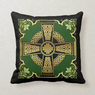 Irish Celtic cross/black/gold/green cross Celtic Throw Pillow