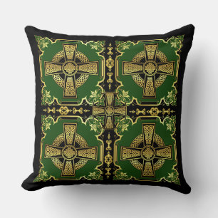 Irish Celtic cross/black/gold/green cross design Throw Pillow