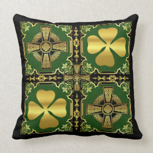 Irish Celtic cross/black/gold/green cross shamrock Throw Pillow