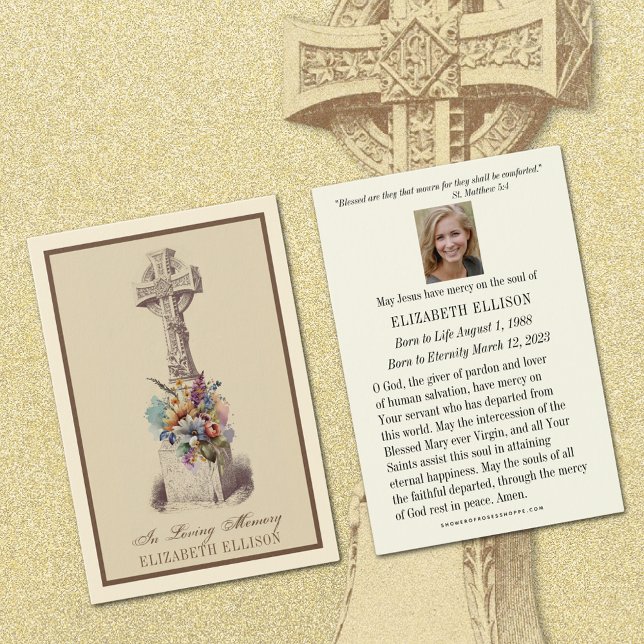 Irish Celtic Cross Floral  Funeral Prayer Card (Celtic Floral Cross Catholic Funeral Prayer Cards)