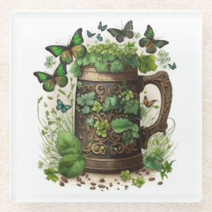 IRISH CELTIC MUG OF GREEN SHAMROCKS & BUTTERFLIES GLASS COASTER