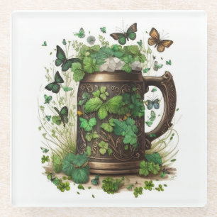 IRISH CELTIC MUG OF GREEN SHAMROCKS & BUTTERFLIES GLASS COASTER