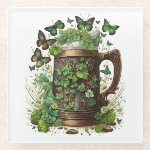 IRISH CELTIC MUG OF GREEN SHAMROCKS & BUTTERFLIES GLASS COASTER