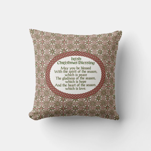 Irish Christmas Blessing, Red Green Celtic Holiday Throw Pillow (Front)