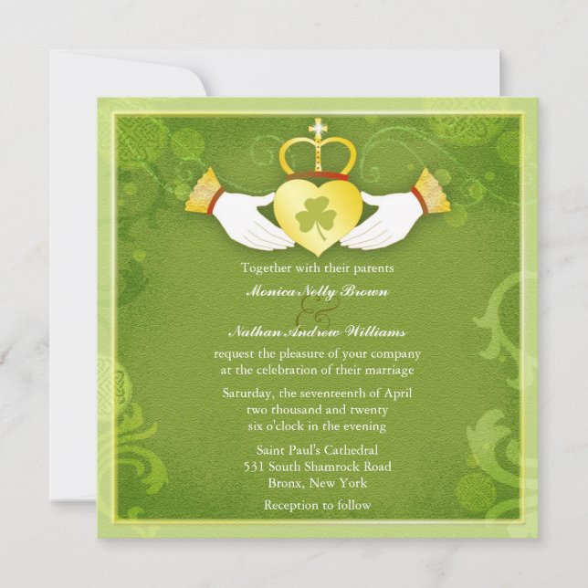 Irish Claddagh Heart Green Celtic Wedding Invitation (Front)