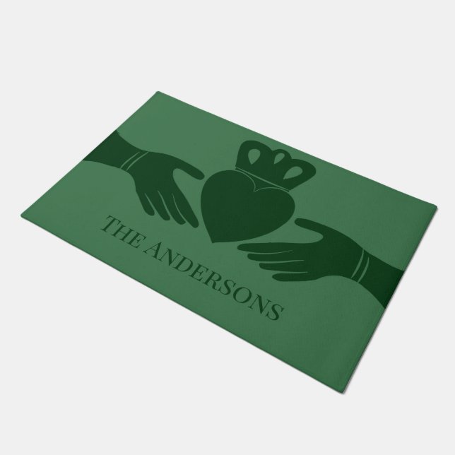 Irish Claddagh Ring Graphic Green Personalized Doormat (Angled)