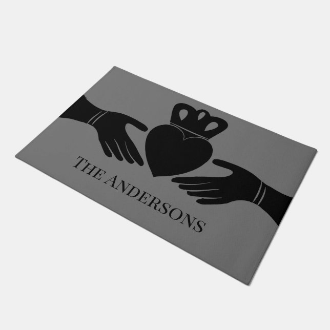 Irish Claddagh Ring Graphic in Black Personalized Doormat (Angled)